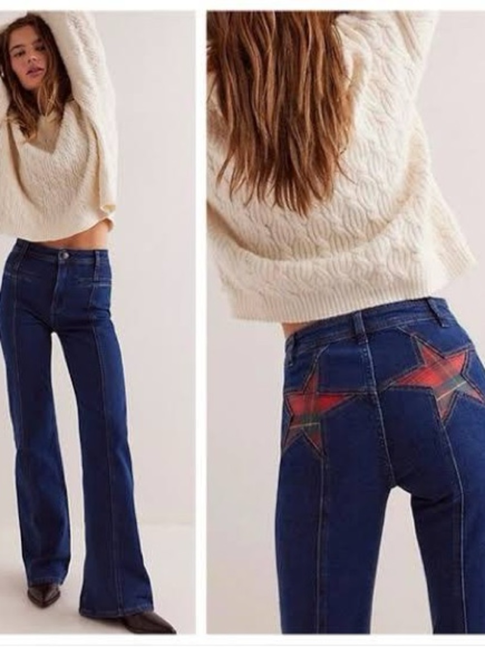 NWT We The Free Firecracker Flare Jeans (Holiday Tartan Stars) Size 30